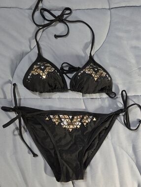 Black Triangle Bikini Set with Gold Pyramid Accents Small